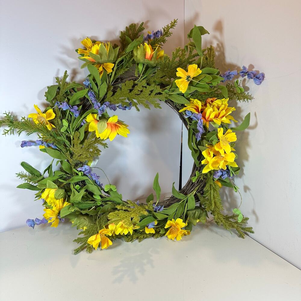 NWT Handmade Yellow Purple Floral Spring Wreath 16" Easter Bright Door